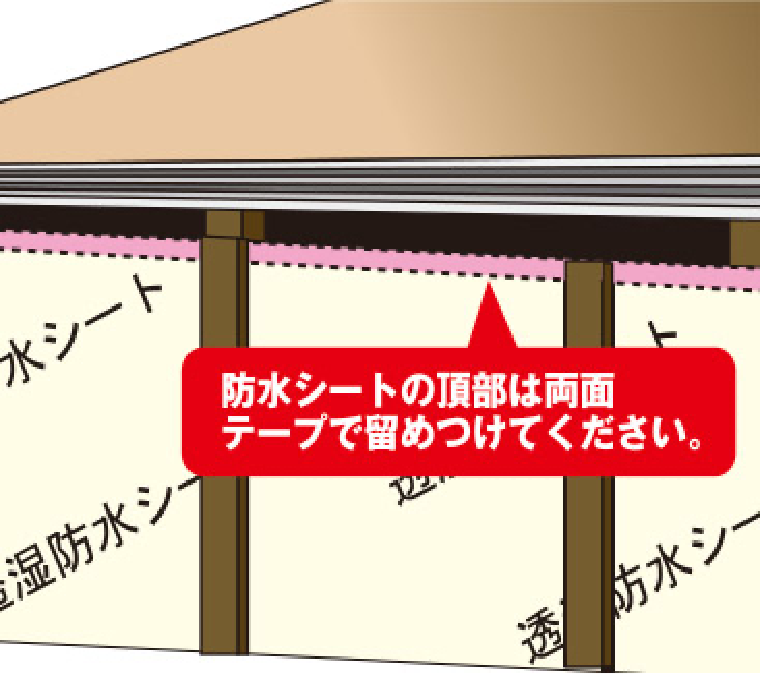 防水シートの頂部を両面テープで留めつけている図